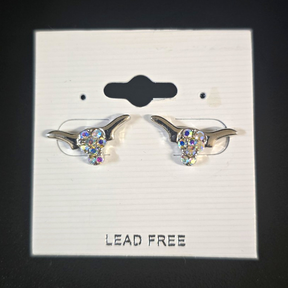 Bull Head Stud Earrings Silver Tone Multicolor Crystal Rhinestone Lead-Free
